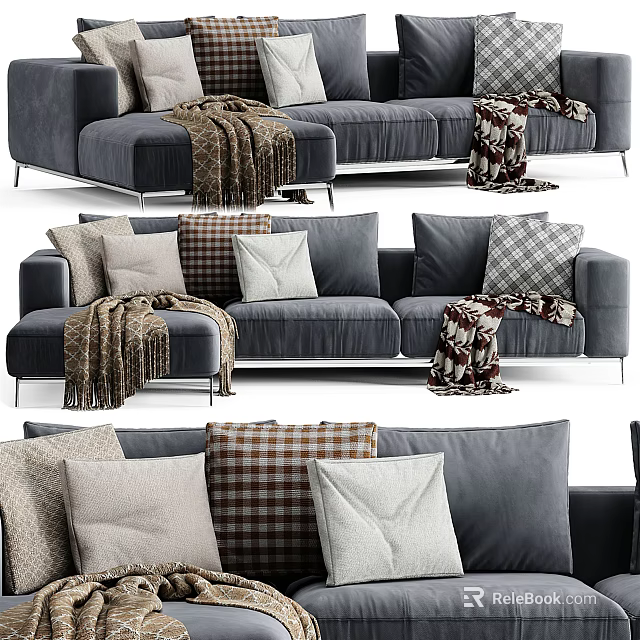 Modern Gray Sectional Sofa with Plaid Pillows and Knit Blankets 3d model