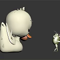 White Duck Toy Facing Green Frog Toy Playing Violin On Dark Background With Reflection 3d model