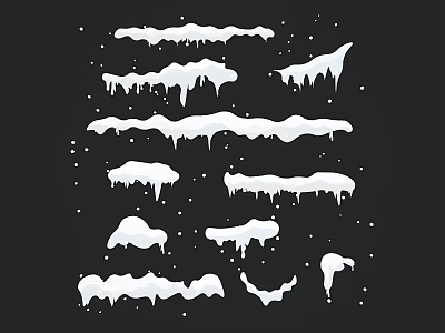 Collection of White Icicles and Snow Shapes on Black Background with Snowflakes 3d model