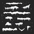 Collection of White Icicles and Snow Shapes on Black Background with Snowflakes