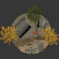 Cartoon Scene With Wooden Cabin Thatched Roof Red Door Yellow Truck And Orange Leaf Trees
