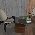 Modern Beige Cushioned Chairs And Round Coffee Table With Wooden Box Books Green Plant