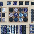 Traditional Blue and White Patterned Decorative Items Including Plates Textiles and Tiles 3d model