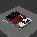 Black red and white model cars parked side by side on gray surface 3d model