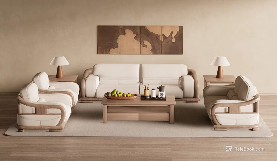 Modern Beige Sofa and Wooden Coffee Table with Side Tables Table Lamps and Decorative Painting 3d model 