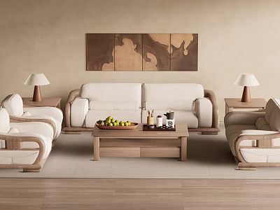 Modern Beige Sofa and Wooden Coffee Table with Side Tables Table Lamps and Decorative Painting 3d model