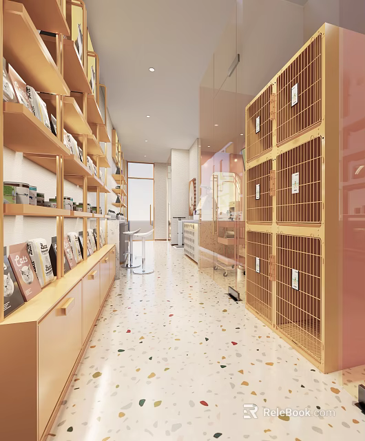 Bright Shopping Mall Store Interior With Wooden Bookshelves Golden Lattice Cabinets And Colorful Terrazzo Floor 3d model 