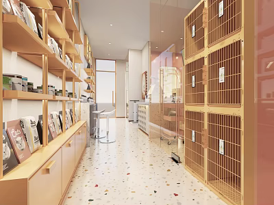Bright Shopping Mall Store Interior With Wooden Bookshelves Golden Lattice Cabinets And Colorful Terrazzo Floor 3d model