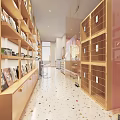 Bright Shopping Mall Store Interior With Wooden Bookshelves Golden Lattice Cabinets And Colorful Terrazzo Floor