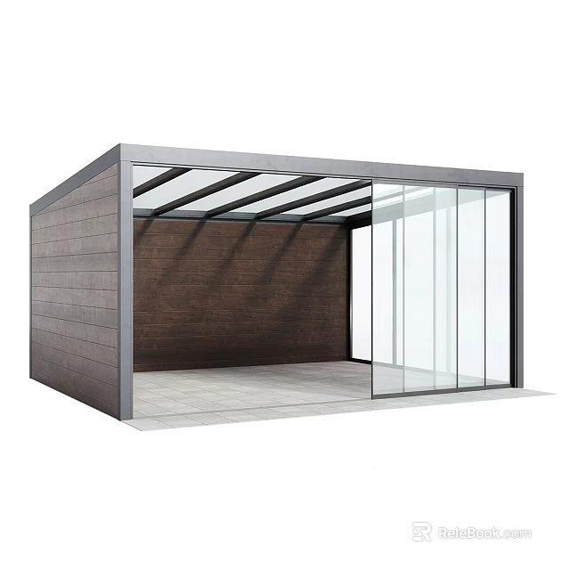 Modern Canopy Structure With Metal Frame Glass Roof And Wooden Wall Panel 3d model 