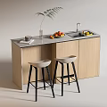 Bar Counter Featuring Gray Countertop Wooden Cabinets Two Bar Stools Fresh Fruits Vase And Sink