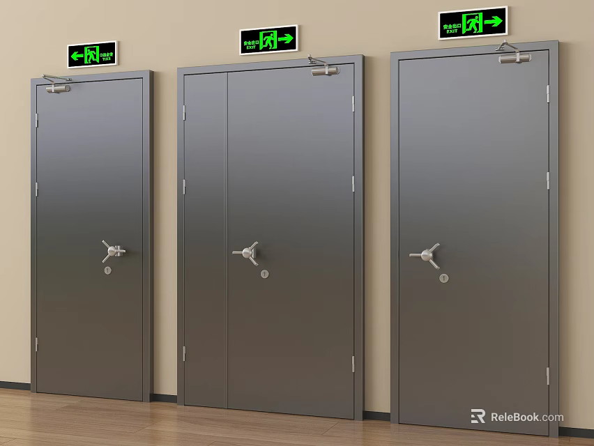 Three Gray Fire Doors With Green Safety Exit Signs In Interior Space 3d model 