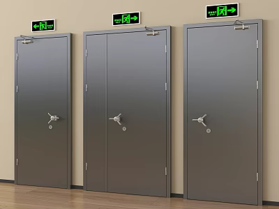 Three Gray Fire Doors With Green Safety Exit Signs In Interior Space 3d model