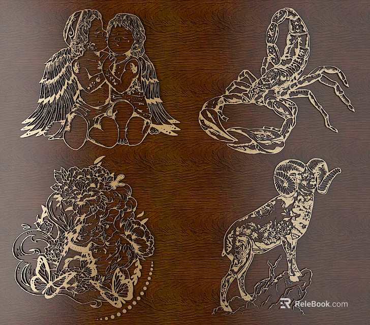 Intricate Wooden Carvings With Various Animal And Floral Patterns On Brown Surface 3d model 