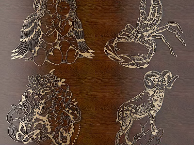 Intricate Wooden Carvings With Various Animal And Floral Patterns On Brown Surface 3d model