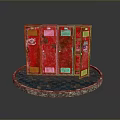 Red Cabinet With Multiple Doors Worn Surface And Stickers On Circular Blue White Checkered Base