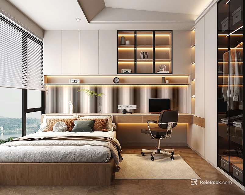 Modern Tatami Bedroom Interior With Wooden Desk Floor to Ceiling Window and Storage Cabinets 3d model 