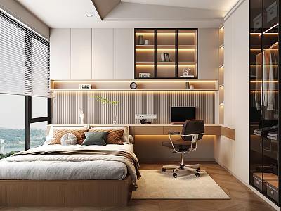 Modern Tatami Bedroom Interior With Wooden Desk Floor to Ceiling Window and Storage Cabinets 3d model