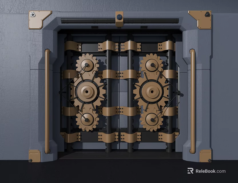 Intricate Metal Door Featuring Golden Gears And Gray Mechanical Frame Structure 3d model 
