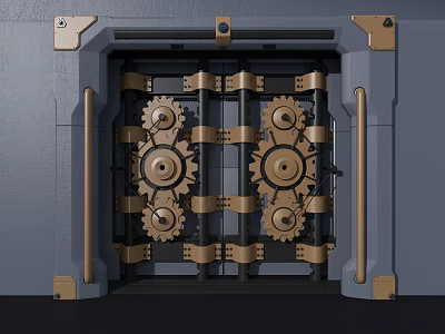 Intricate Metal Door Featuring Golden Gears And Gray Mechanical Frame Structure 3d model