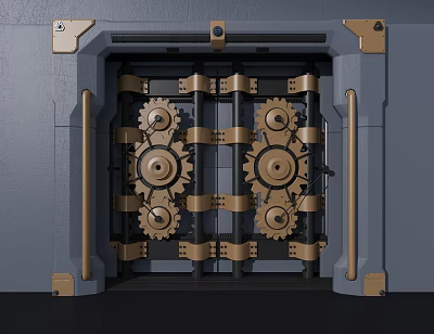 Intricate Metal Door Featuring Golden Gears And Gray Mechanical Frame Structure 3d model
