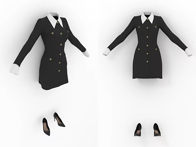 Black Double Breasted Dress with White Collar Cuffs Gold Buttons and Black High Heels 3d model