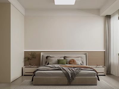 Cozy Modern Bedroom Interior With Beige Walls Bed Nightstands Plant Curtains And Decorative Pillows 3d model