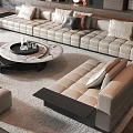 Modern Beige Sofa and Round Marble Coffee Table Set with Gray Ottoman and Soft Rug