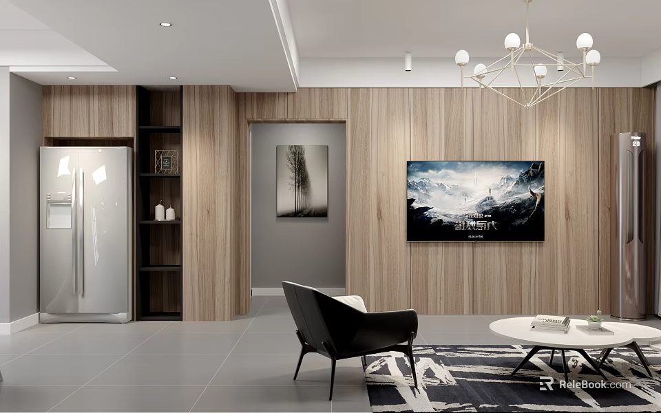 Modern Living Dining Area Interior With Wooden Walls TV Black Chair Coffee Table And Chandelier 3d model 