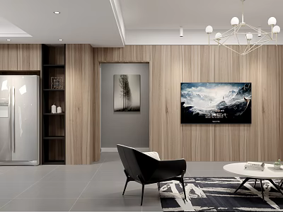 Modern Living Dining Area Interior With Wooden Walls TV Black Chair Coffee Table And Chandelier 3d model