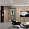 Modern Living Dining Area Interior With Wooden Walls TV Black Chair Coffee Table And Chandelier
