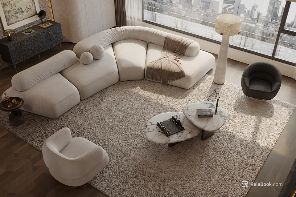Modern Curved Light Sofa and Coffee Table Set with Plush Cushions Marble Top and City View 3d model 