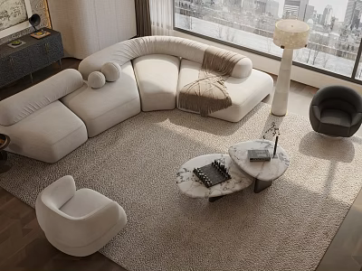Modern Curved Light Sofa and Coffee Table Set with Plush Cushions Marble Top and City View 3d model