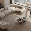 Modern Curved Light Sofa and Coffee Table Set with Plush Cushions Marble Top and City View
