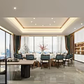 Luxurious Private Dining Room With Large Windows City View And Elegant Dining Setup 3d model