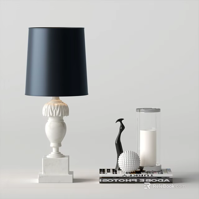 Elegant Table Lamp With Black Lampshade White Marble Base And Decorative Objects 3d model