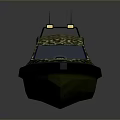Camouflage Patterned Boat Design With Blue Cockpit Antennas And Green Hull