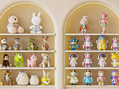 Decorative Figurine Collection With Cute Animal Cartoon Astronaut On Curved Shelf With LED Lights 3d model