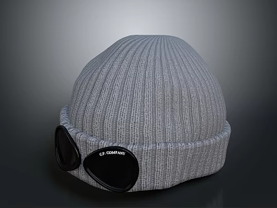 Stylish Gray Ribbed Knitted Beanie with Black Goggles and CA COMPANY Logo 3d model