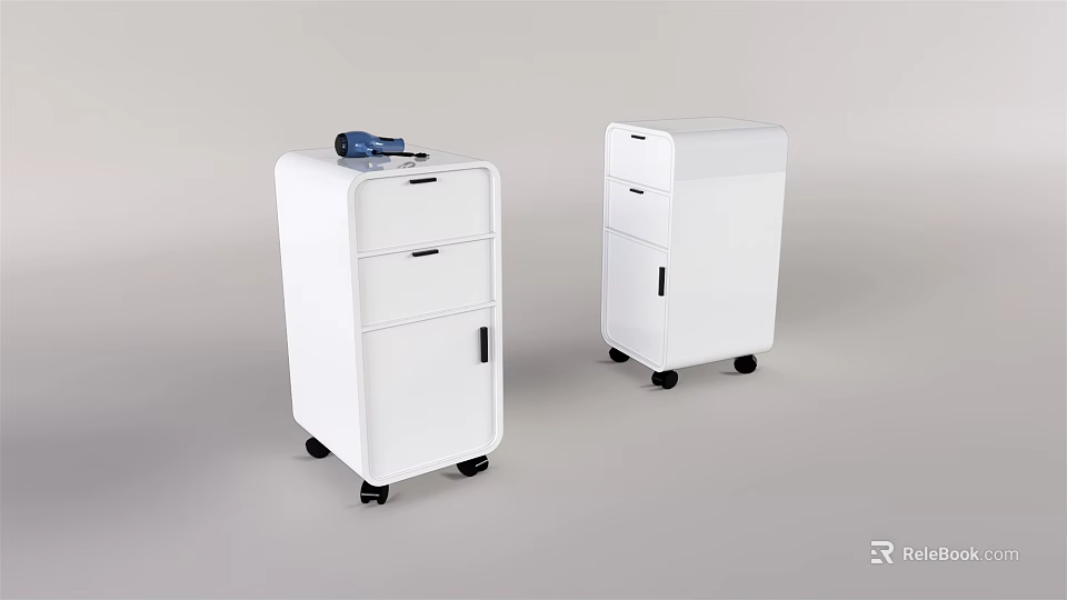 Two White Mobile Storage Cabinets With Drawers Cabinet Doors Wheels And Item On Top 3d model 