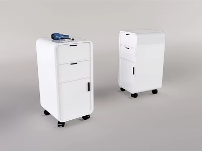 Two White Mobile Storage Cabinets With Drawers Cabinet Doors Wheels And Item On Top 3d model