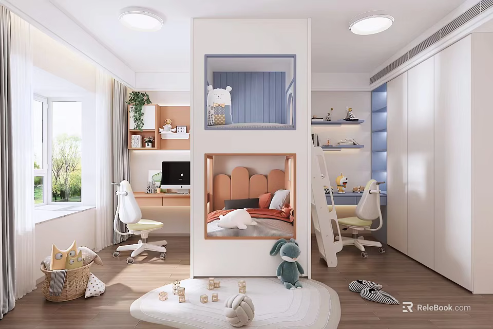 Bright Modern Kids Room Interior With Bunk Bed Study Desk And Playful Toys 3d model 