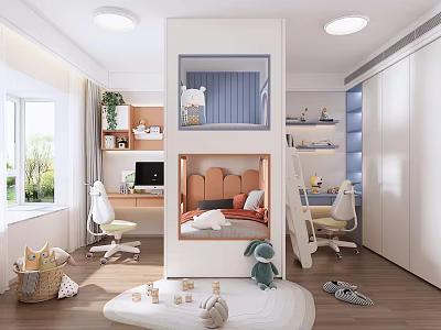 Bright Modern Kids Room Interior With Bunk Bed Study Desk And Playful Toys 3d model