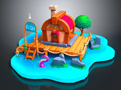 Cartoon Scene Featuring Wooden Platform Colorful Fish House FISH Sign Green Tree and Blue Water 3d model