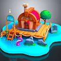 Cartoon Scene Featuring Wooden Platform Colorful Fish House FISH Sign Green Tree and Blue Water