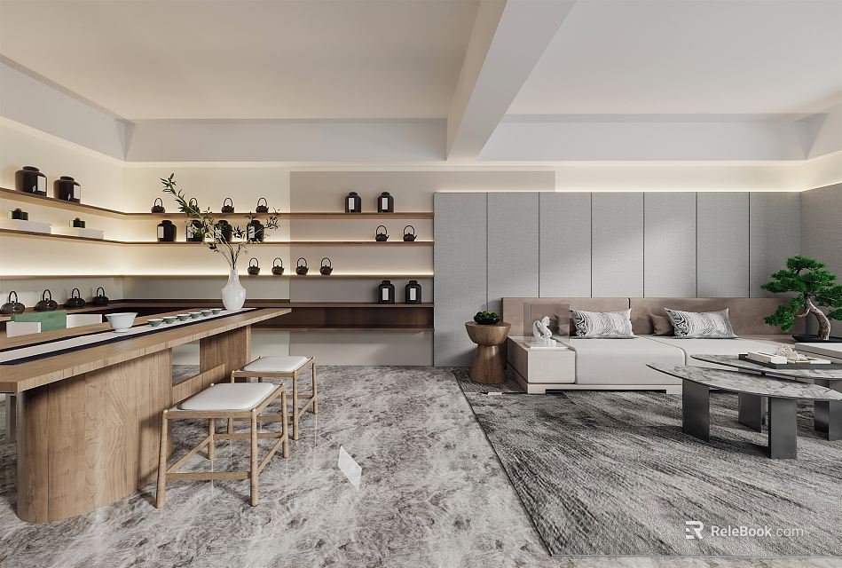 Hotel Public Lounge Area With Cozy Sofa Wooden Bar Counter Decorative Shelves And Green Plant 3d model 