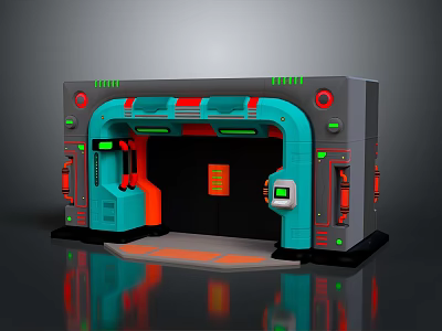 Futuristic Sci Fi Entrance Structure With Blue Red Accents And Green Control Panels 3d model