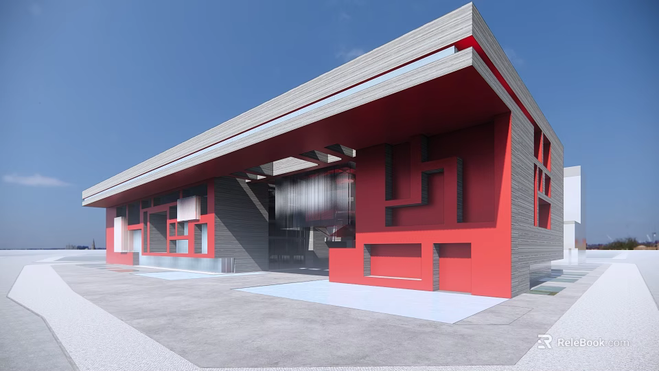 Modern Museum Building With Red And Gray Geometric Facade Overhanging Roof And Glass Entrance 3d model 