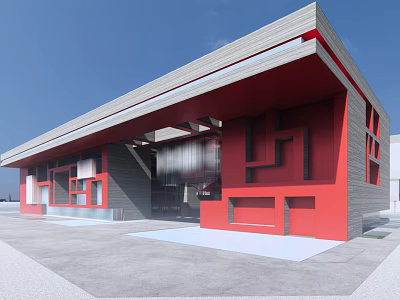 Modern Museum Building With Red And Gray Geometric Facade Overhanging Roof And Glass Entrance 3d model