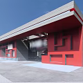 Modern Museum Building With Red And Gray Geometric Facade Overhanging Roof And Glass Entrance